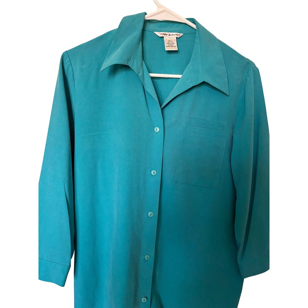 VIntage Richard Malcolm Women Turquoise 100% Silk Button Shirt Blouse‎ Size S